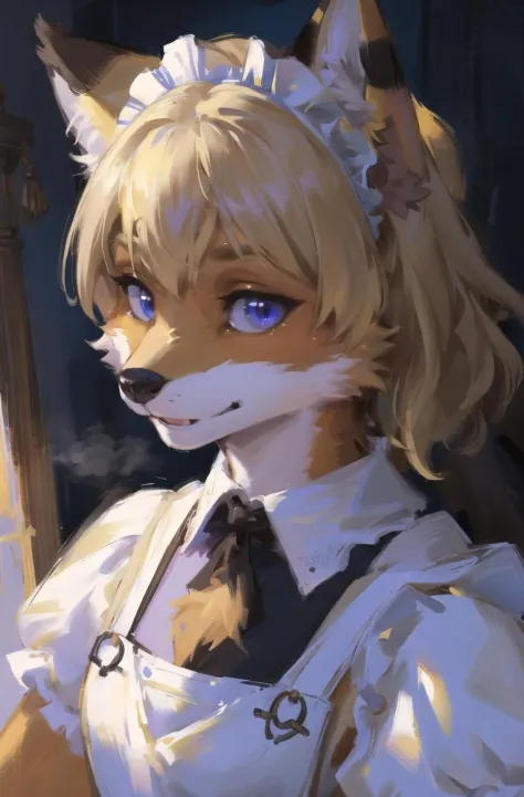 absurdres, highres, ultra detailed, masterpiece, sharp shading,portrait, 
fox furry girl,kid,maid dress,(white apron:1.2),oil pa...