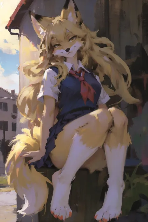 absurdres, highres, ultra detailed, masterpiece, sharp shading,portrait, dynamic pose, 
fox furry girl,kid,school uniform,outdoo...