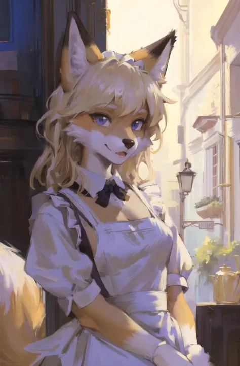 absurdres, highres, ultra detailed, masterpiece, sharp shading,portrait, 
fox furry girl,kid,maid dress,(white apron:1.2),oil painting,opera drama light
blonde,high detail eyes,