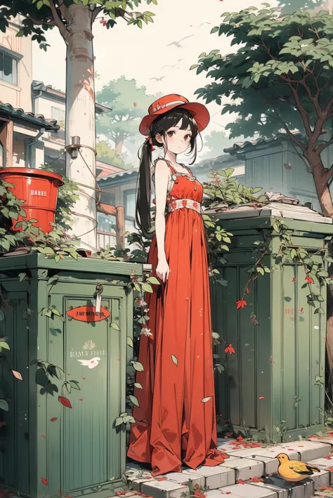 1girl, solo, brunette, tree, long hair, dress, hat, outdoor, standing, stairs, bird, leaves, red dress, twin tails, looking at viewer, red trash can