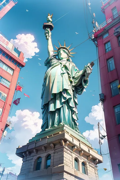 sky, clouds, sky, statue of liberty statue, held, without humans, building, from below, outdoors, blue sky, solo, xuan'cai