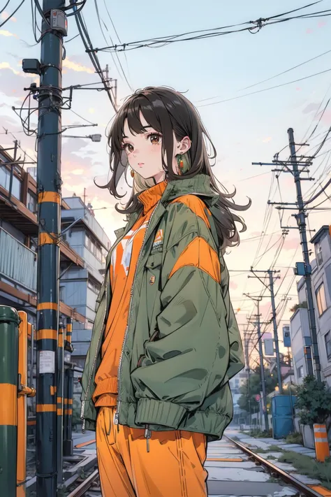 1girl, solo, outdoors, brown eyes, black hair, jacket, jewelry, mailbox, looking at audience, orange pants, construction, earrings, power cord, long sleeves, green jacket