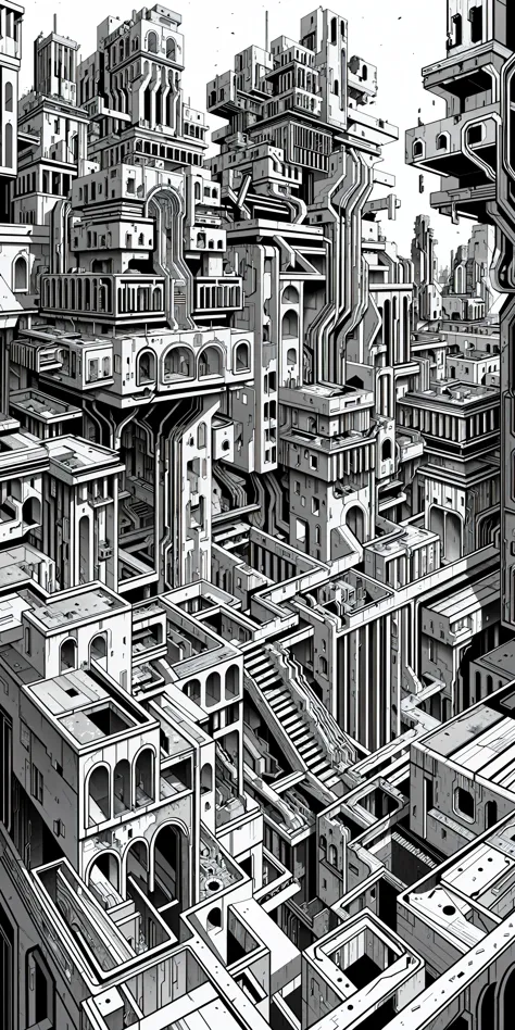 (masterpiece, best quality), derelict futuristic city, blocks of destroyed buildings, nature grows on ruins, Labyrinth, ((plain black and white)), intricate detailed linework and a gritty, realistic aesthetic, shading and cross-hatching, fractal_environment, futuristic city