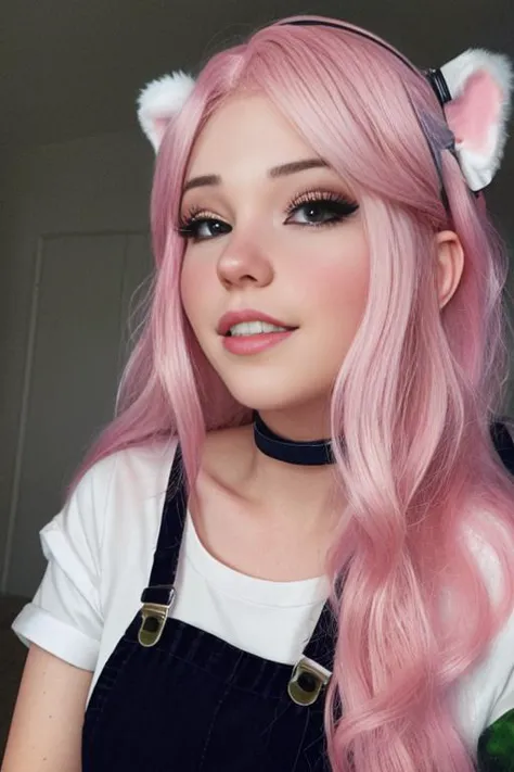 a close up of a woman with pink hair wearing a cat ear headband