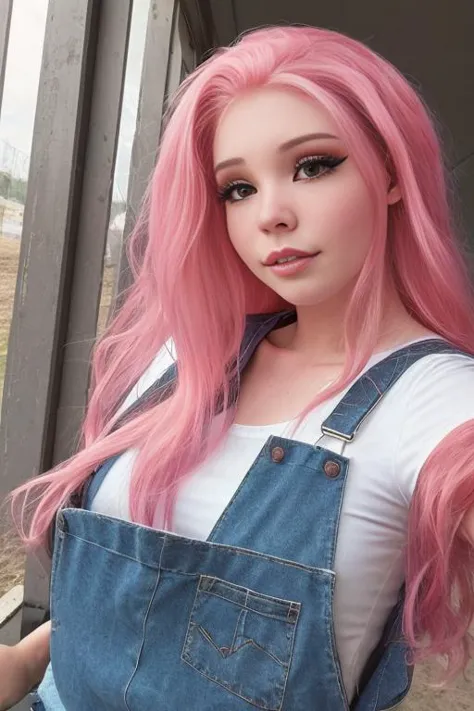 a close up of a woman with pink hair wearing overalls