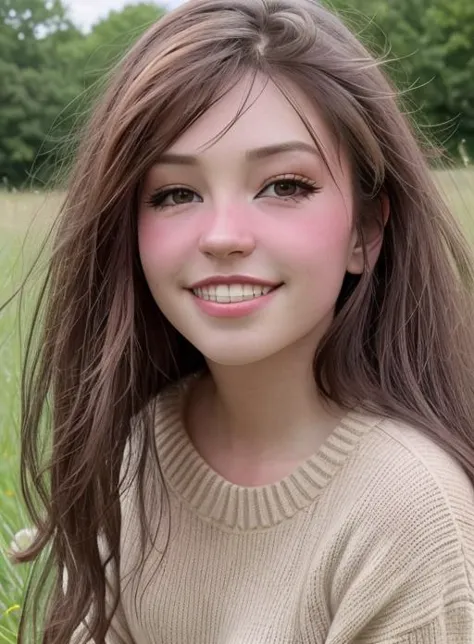 a close up of a woman with long hair and a sweater