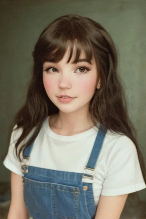 a close up of a young girl with long hair wearing a white shirt