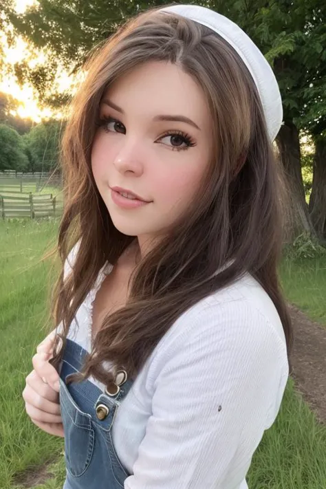 wearing overalls, long pants, white shirt, beautiful eyes, looking at viewer, closeup portrait face, best quality, upper body, BelleDelphine, woman standing outside,  on (a farm), nikon d850 film stock photograph 4 kodak 400 camera f1.6 lens rich colors hyper realistic lifelike texture natural lighting trending on artstation cinestill 800, (100mm lens),  <lora:BelleDelphineV1:1>, brown hair, mature face,