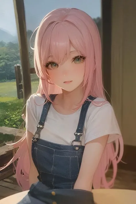 a close up of a person with pink hair and overalls