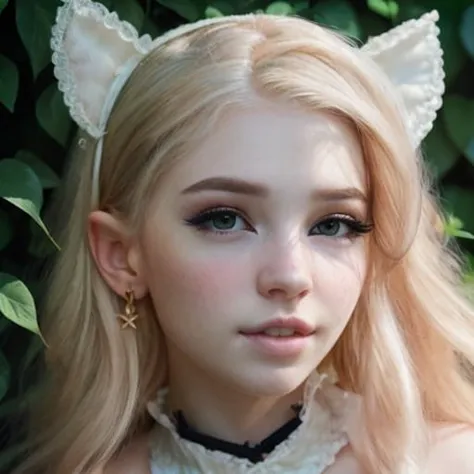 a close up of a woman with blonde hair wearing a cat ear