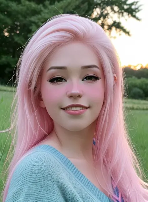 a close up of a woman with pink hair and a blue sweater