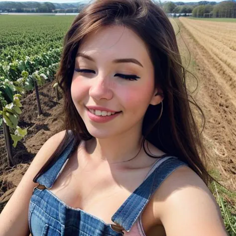 a close up of a woman in a denim dress standing in a field