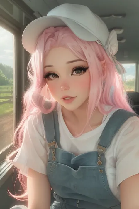 a close up of a person with pink hair and a hat