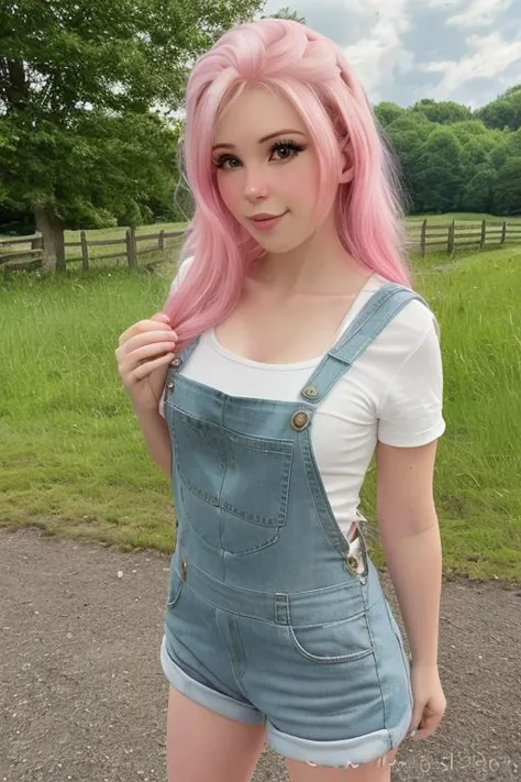 a close up of a person with pink hair wearing overalls