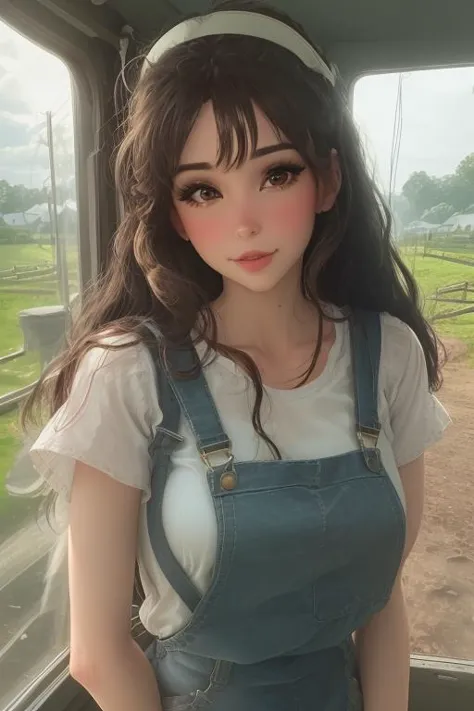 a close up of a person wearing overalls and a headband