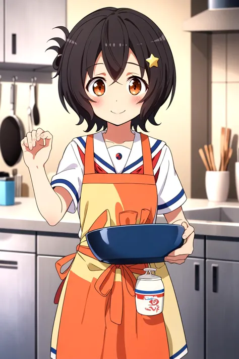 anime girl in an apron holding a pan in a kitchen