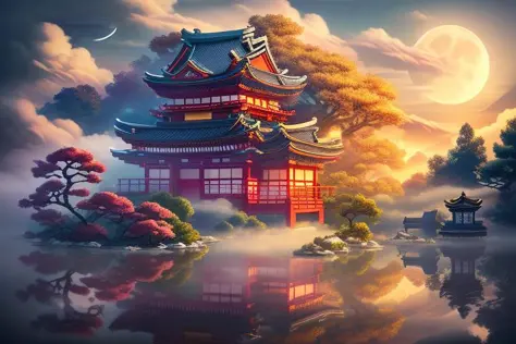 MASTERPIECE,gufengmap,water,garden,monochrome,glowing,cureglowing\(skill icon\),light white theme,fantastic,light,japenese building,moon,tree,Clouds and mist wreathed the air