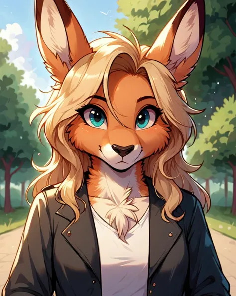 a close up of a cartoon fox with long hair and a jacket