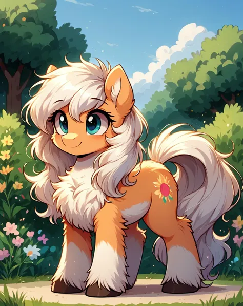 a cartoon pony with long hair standing in the grass