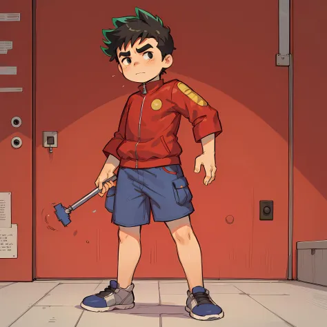 ((masterpiece, best quality)),solo,1boy,full body,  jake long, black hair, red jacket, thick eyebrows, spiked hair, shorts, <lor...