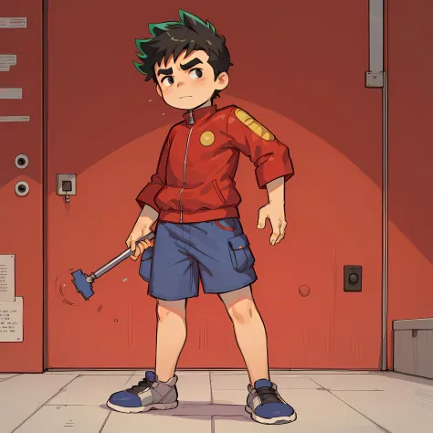 ((masterpiece, best quality)),solo,1boy,full body,  jake long, black hair, red jacket, thick eyebrows, spiked hair, shorts, <lora:JakeLong1:0.6>