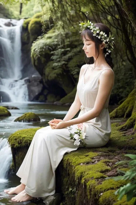 Una toma serena de una mujer meditando en la naturaleza.. Lleva un vestido blanco y una corona de flores., luciendo pacífica y hermosa. Ella está sentada sobre una roca frente a una cascada., con árboles verdes y cielo azul al fondo. Ella está mirando a la cámara con una expresión tranquila y gentil., Sus ojos entrecerrados. Ella está sosteniendo sus manos en un gesto mudra., mostrando su práctica espiritual y consciente. La foto está tomada desde un ángulo alto., haciéndola lucir pequeña y elegante. La foto tiene un tono natural y claro., creando una sensación de armonía y tranquilidad..