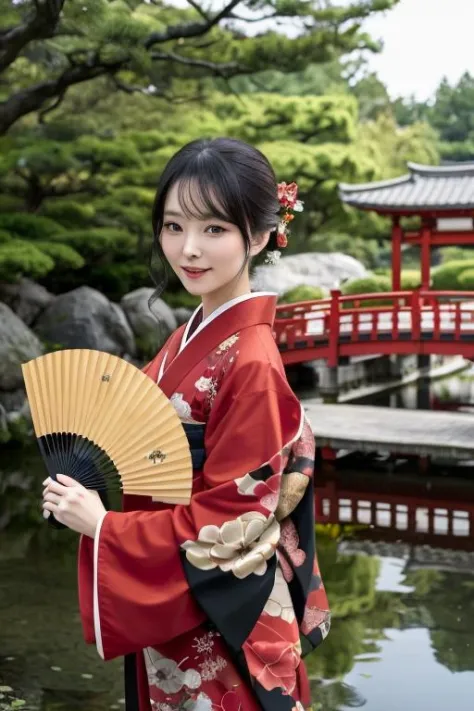 Una foto elegante de una mujer vestida con un kimono y sosteniendo un abanico.. Lleva un kimono rojo y negro., luciendo elegante y tradicional. ella está parada en un jardín, con un estanque y un puente al fondo. Ella mira a la cámara con una expresión tranquila y digna., sus ojos dulces y su boca cerrada. Ella sostiene un abanico con una mano y su manga con la otra., mostrando su postura refinada y modesta. La foto se toma desde un ángulo recto, haciéndola lucir amigable y encantadora. La foto tiene un tono natural y rojo., creando una sensación de armonía y belleza