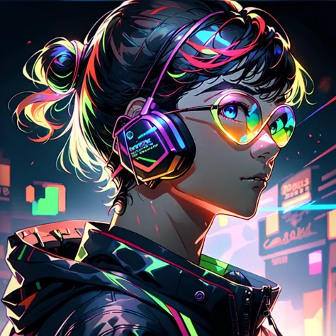 1Boy, Inaho Kaizuka, Man Bun, Red Hair, Red Stubble, 5 o'clock shadow, beard, Blue Eyes, gamer, bedroom, night, pc, sit, headset, portraits, OverallDetail, anime artwork, prismatic, holographic, chromatic aberration, fashion illustration, masterpiece, an extremely handsome and masculine outfit, man with harajuku fashion, headphone, Neon Dreams  vivid colors, psychadelic colors, neon colors, ethereal lightning horizon, ethereal color particles, decorative, depth of field, high quality, masterpiece, high resolution, solo, best quality, viking  rgb, headphones, goggles, gamer