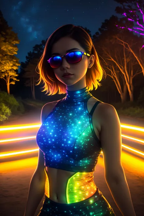 rgb, <lora:GamerFashion-rgb-V1:1>, from_above, crop top, detailed face, yellow bodycon tank top, hair, park, sky, trees, pale sk...