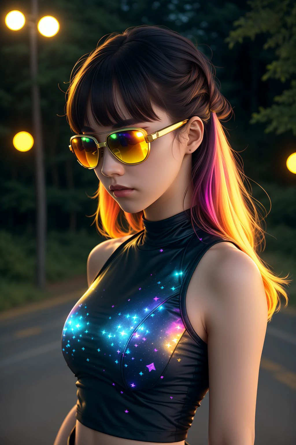 rgb, from_above, crop top, detailed face, yellow bodycon tank top, hair, park, sky, trees, pale skin, moonlight, stars, 1girl, statement sunglasses, woman,, vivid colors, bokeh background, subject for emphasis,dramatic colors,