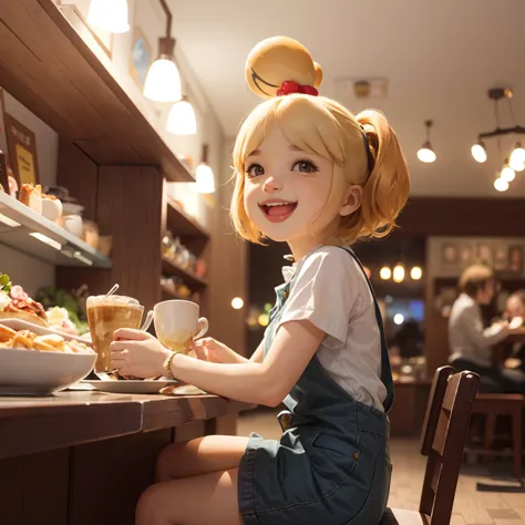 masterpiece, best quality, isabelle \(animal crossing\), smile, 1girl, open mouth, topknot, solo, animal ears, happy, CAFE, sitt...