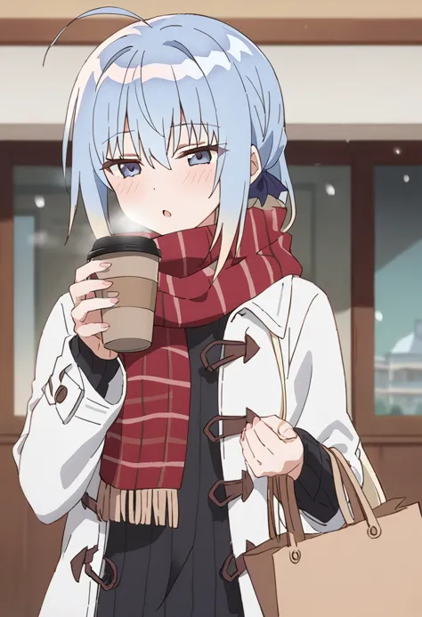 1girl, haiselita aldridge, anime screencap, solo, cup, disposable cup, silver hair, eyebrows visible through hair, holding cup, food, red scarf, looking at viewer, ahoge, blush, upper body, open mouth, blurry background, hair between eyes, breath, grey eyes, coffee cup, long sleeves, white jacket, depth of field, hair ribbon, paper bag, open jacket, steam, striped scarf, black shirt, outdoors, black ribbon, fringe trim, blue eyes, :o, ribbed sweater, sidelocks, gradient hair, low ponytail, ribbed shirt, duffel coat, grey hair, holding bag, white coat, open coat, multicolored hair, giving, black sweater, coffee, sleeves past wrists, ponytail, shopping bag, chestnut mouth, window, cold, day, enpera, brown scarf, incoming drink, very long hair, plaid scarf, fingernails, drink, parted lips, indoors, hair over shoulder, vertical stripes, hand up, shiny hair, eyes visible through hair, winter clothes, half-closed eyes, white hair, door, snowing, building, badge, masterpiece, best quality <lora:haiselita_aldridge_sdxl_locon_ani_v1:0.7>