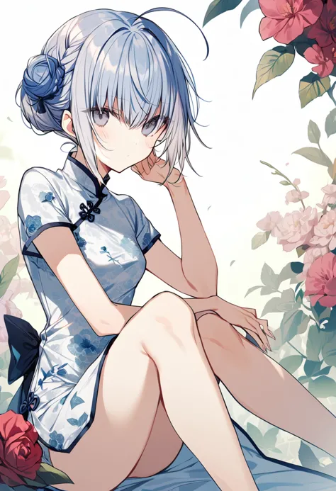 1girl, haiselita aldridge, official art, solo, chinese clothes, china dress, hair flower, ahoge, looking at viewer, short sleeves, eyebrows visible through hair, silver hair, sitting, closed mouth, white dress, hand up, blue flower, grey eyes, knee up, sidelocks, floral print, hair between eyes, short hair, blue eyes, small breasts, feet out of frame, white background, print dress, expressionless, floral background, blurry background, depth of field, purple flower, side slit, braided bun, french braid, bare legs, short dress, blue dress, long hair, knees up, blush, dutch angle, tied hair, shiny hair, thighs, grey hair, leg up, shiny, looking to the side, from side, pelvic curtain, white hair, red flower, bare arms, hand on own shoulder, head tilt, eyes visible through hair, white flower, arm up, pink flower, plant, single braid, :/, leaf background, legs, leaf, black ribbon, rose print, fingernails, high collar, cowboy shot, arm support, eyelashes, invisible chair, see-through, flower knot, backlighting, eyebrows, shoes, medium hair, one knee, outdoors, masterpiece, best quality <lora:haiselita_aldridge_sdxl_locon_ani_v1:0.7>