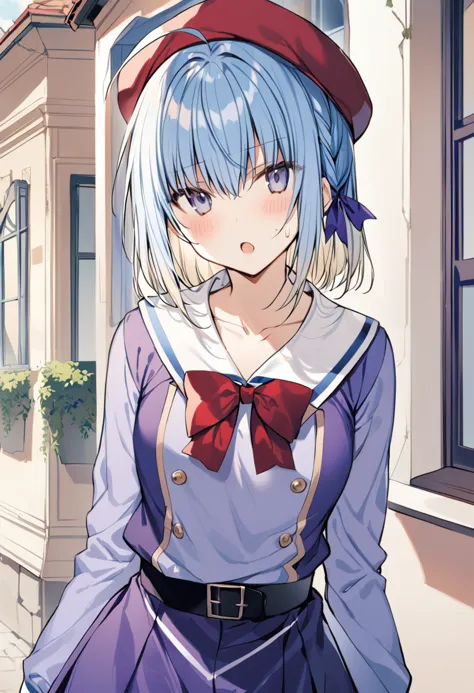 anime girl in a sailor outfit standing in front of a building