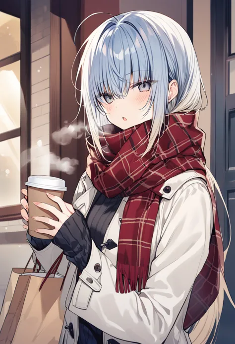 1girl, haiselita aldridge, official art, solo, cup, disposable cup, silver hair, eyebrows visible through hair, holding cup, food, red scarf, looking at viewer, ahoge, blush, upper body, open mouth, blurry background, hair between eyes, breath, grey eyes, coffee cup, long sleeves, white jacket, depth of field, hair ribbon, paper bag, open jacket, steam, striped scarf, black shirt, outdoors, black ribbon, fringe trim, blue eyes, :o, ribbed sweater, sidelocks, gradient hair, low ponytail, ribbed shirt, duffel coat, grey hair, holding bag, white coat, open coat, multicolored hair, giving, black sweater, coffee, sleeves past wrists, ponytail, shopping bag, chestnut mouth, window, cold, day, enpera, brown scarf, incoming drink, very long hair, plaid scarf, fingernails, drink, parted lips, indoors, hair over shoulder, vertical stripes, hand up, shiny hair, eyes visible through hair, winter clothes, half-closed eyes, white hair, door, snowing, building, badge, masterpiece, best quality <lora:haiselita_aldridge_sdxl_locon_ani_v1:0.7>