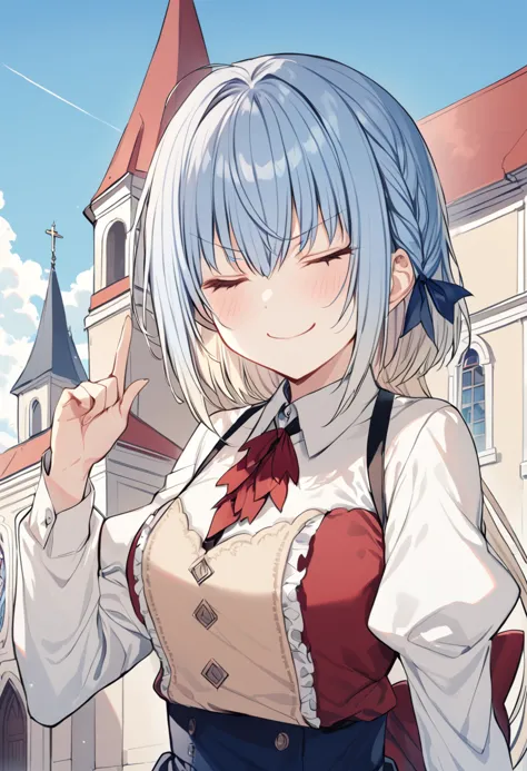 1girl, haiselita aldridge, official art, closed eyes, smile, solo, eyebrows visible through hair, blonde hair, closed mouth, blush, smug, blue hair, day, outdoors, gradient hair, building, blue sky, low ponytail, v-shaped eyebrows, silver hair, doyagao, close-up, hair between eyes, multicolored hair, light blue hair, >:\), long hair, white hair,  facing viewer, hand up, window, upper body, index finger raised, church, sidelocks, medium hair, cloud, c:,  fingernails, shiny hair, house, red bow, grey hair, smirk, mansion, indoors, tower, door, braid, ^ ^,  eyebrows, neck ribbon, ascot, frilled dress, blue dress, white shirt, white blouse, collared shirt, wing collar, dress shirt, buttons, red neckwear, juliet sleeves, puffy long sleeves, frilled skirt, red bow, red ribbon, black skirt, blue skirt, high-waist skirt, suspender skirt, masterpiece, best quality <lora:haiselita_aldridge_sdxl_locon_ani_v1:0.7>