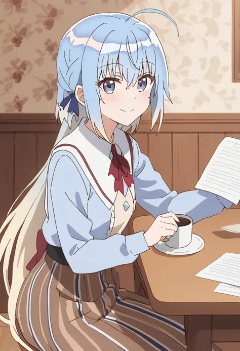 1girl, haiselita aldridge, anime screencap, solo, blue eyes, looking at viewer, sitting, blue hair, eyebrows visible through hair, table, chair, multicolored hair, hair between eyes, very long hair, silver hair, saucer, closed mouth, brown skirt, blue shirt, neck ribbon, red ribbon, vertical-striped skirt, gradient hair, desk, red neckwear, from side, looking to the side, collared shirt, on chair, two-tone hair, paper, blonde hair, book, striped skirt, sidelocks, indoors, smile, blush, high-waist skirt, pleated skirt, holding paper, bow, hands up, long skirt, plate, mug, puffy long sleeves, holding book, white hair, shirt tucked in, coffee, colored inner hair, small breasts, elbows on table, wooden table, holding cup, white sailor collar, dress shirt, antenna hair, grey eyes, grey hair, wallpaper \(object\), blouse, fingernails, grey skirt, coffee mug, shiny hair, eyes visible through hair, light blue hair, masterpiece, best quality <lora:haiselita_aldridge_sdxl_locon_ani_v1:0.7>