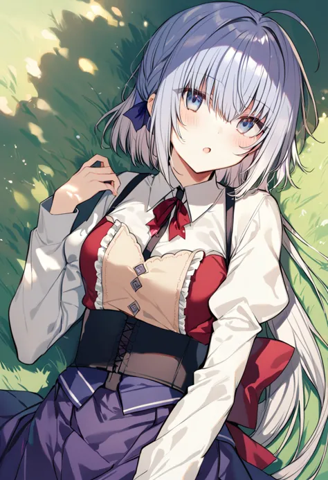 1girl, haiselita aldridge, official art, solo, ahoge, lying, on back, hair ribbon, silver hair, eyebrows visible through hair, white shirt, looking at viewer, parted lips, grey hair, arm up, collared shirt, corset, hair between eyes, high-waist skirt, red neckwear, frills, purple skirt, blue skirt, underbust, open mouth, juliet sleeves, center frills, floating hair, shiny hair, ponytail, blue ribbon, bowtie, buttons, shiny, red bow, sidelocks, hand up, small breasts, very long hair, red ribbon, pleated skirt, suspender skirt, virgin killer outfit, cowboy shot, wing collar, purple ribbon, hair bow, blouse, eyes visible through hair, black ribbon, shadow, blush, :o, neck ribbon, purple dress, hair ornament, head tilt, long skirt, scarf, from above, sleeves past wrists, dress shirt, short hair, fingernails, puffy long sleeves, blue eyes, white blouse, purple bow, light purple hair, arm at side, upper body, dutch angle, light particles, outdoors, field, dappled sunlight, masterpiece, best quality <lora:haiselita_aldridge_sdxl_locon_ani_v1:0.7>