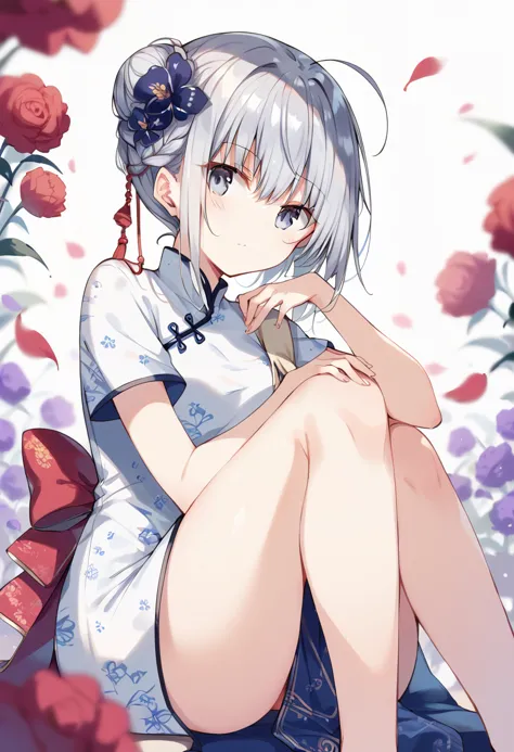 anime girl sitting on a flower bed with her legs crossed