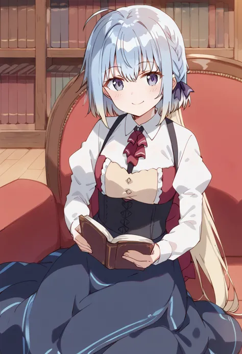 anime girl sitting on a chair reading a book in a library