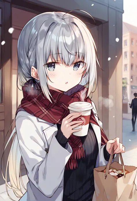 anime girl with a cup of coffee and a bag on the street