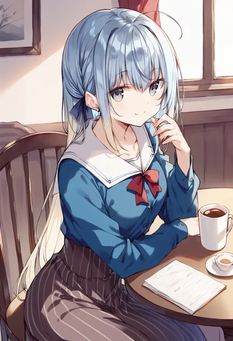 score_9, score_8_up, score_7_up, source_anime BREAK
1girl, haiselita aldridge, official art, solo, blue eyes, looking at viewer, sitting, blue hair, eyebrows visible through hair, table, chair, multicolored hair, hair between eyes, very long hair, silver hair, saucer, closed mouth, brown skirt, blue shirt, neck ribbon, red ribbon, vertical-striped skirt, gradient hair, desk, red neckwear, from side, looking to the side, collared shirt, on chair, two-tone hair, paper, blonde hair, book, striped skirt, sidelocks, indoors, smile, blush, high-waist skirt, pleated skirt, holding paper, bow, hands up, long skirt, plate, mug, puffy long sleeves, holding book, white hair, shirt tucked in, coffee, colored inner hair, small breasts, elbows on table, wooden table, holding cup, white sailor collar, dress shirt, antenna hair, grey eyes, grey hair, wallpaper \(object\), blouse, fingernails, grey skirt, coffee mug, shiny hair, eyes visible through hair, light blue hair <lora:haiselita_aldridge_sdxl_locon_pony_v1:0.7>