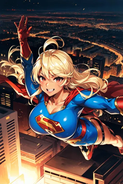 Oga Saki, 1girl, solo, red eyes, blonde hair, long hair, large breasts, dark-skinned female, dark skin, smile, standing, dynamic pose, <lora:OgaSaki:1>, 8k, masterpiece, best quality, absurdres, perfect anatomy, cinematic lighting, cowboy shot, (supergirl costume:1.1), (flying, flying over city:1.2)