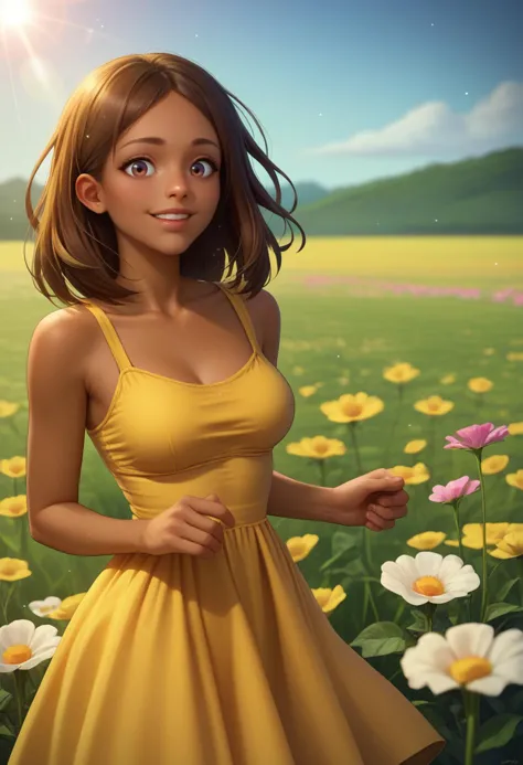 a woman in a yellow dress standing in a field of flowers