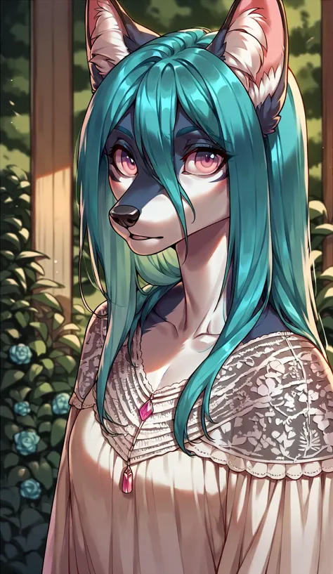 anime girl with blue hair and green hair wearing a dress