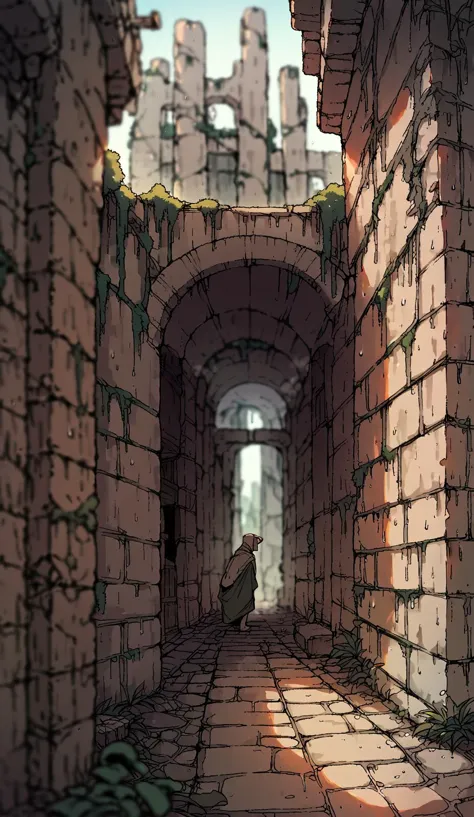 a close up of a person walking through a tunnel in a stone building