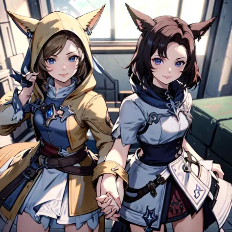 two anime girls dressed in costumes and holding hands