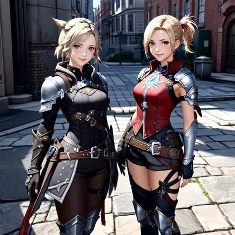 two women in armor standing on a cobblestone street