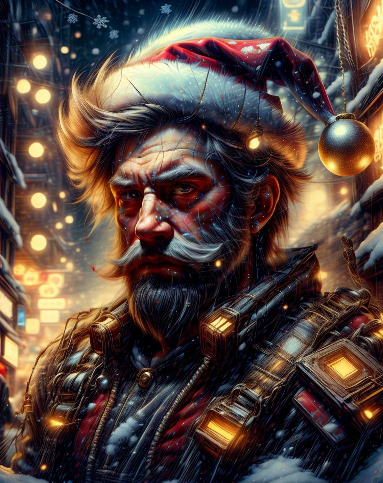 (((melhor qualidade))),((Obra de arte)),absurdos,detalhe fino,hdr,rosto e olhos altamente detalhados,fotorrealista,corpo todo,Papai Noel CyberPunk,estilo ciberpunk,NatalQuiron style,Natal,Natal decorations,néon,Mundo Cyberpunk