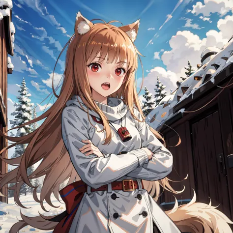 anime girl with long hair and a white coat standing in the snow